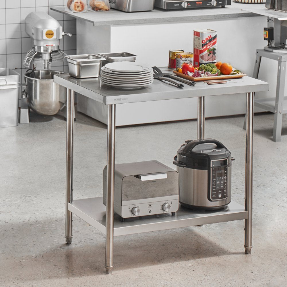 VEVOR Stainless Steel Prep Table, 24 x 36 x 34 Inch, Heavy Duty Metal Worktable with 3 Adjustable Height Levels, Commercial Workstation for Kitchen Garage Restaurant Backyard