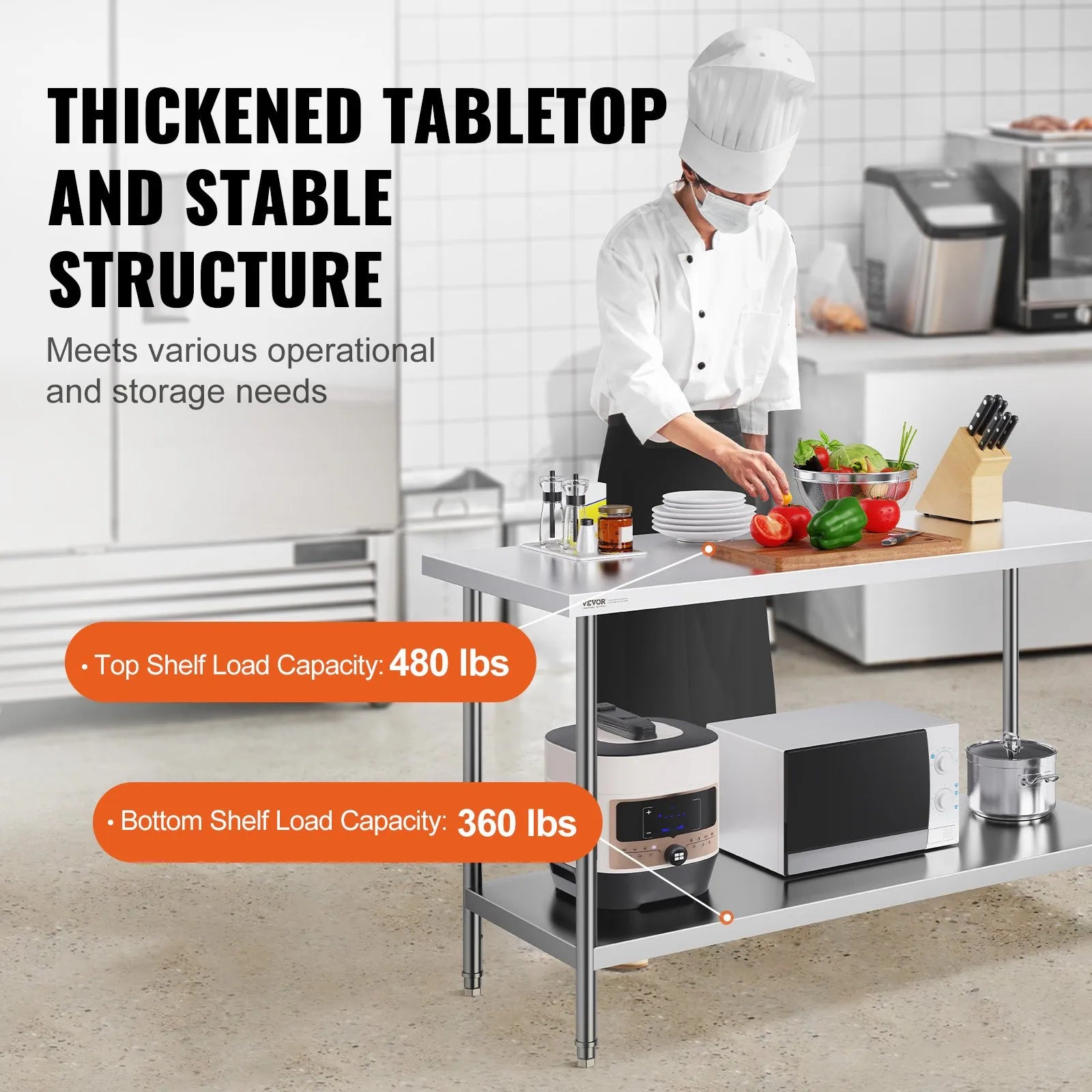 VEVOR Stainless Steel Prep Table, 24 x 60 x 34 Inch, Heavy Duty Metal Worktable with 3 Adjustable Height Levels, Commercial Workstation for Kitchen Garage Restaurant Backyard