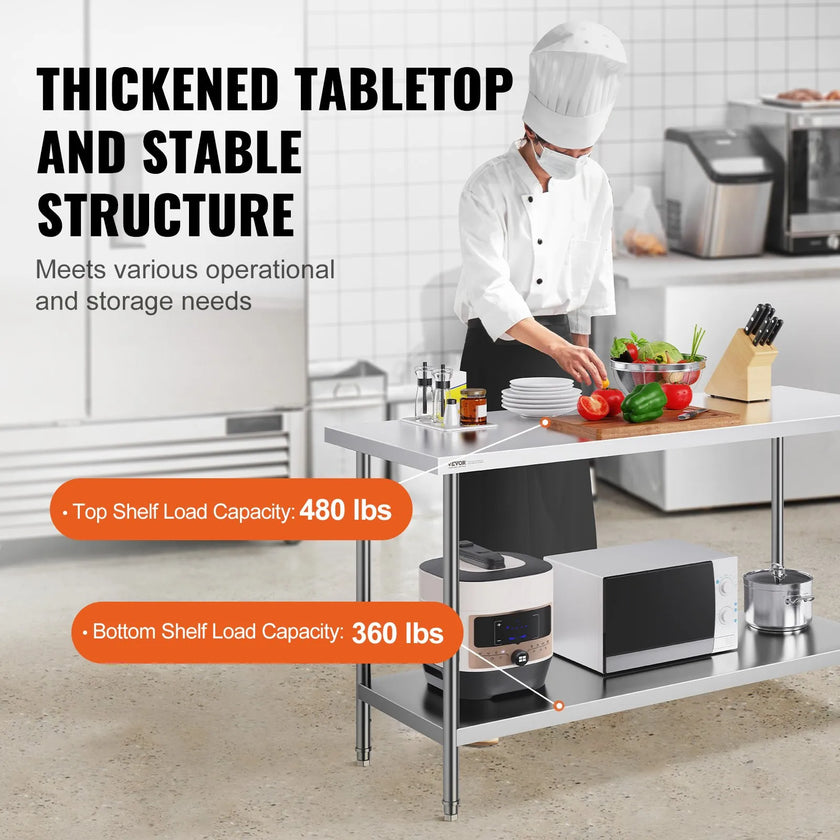 VEVOR Stainless Steel Prep Table, 24 x 60 x 34 Inch, Heavy Duty Metal Worktable with 3 Adjustable Height Levels, Commercial Workstation for Kitchen Garage Restaurant Backyard