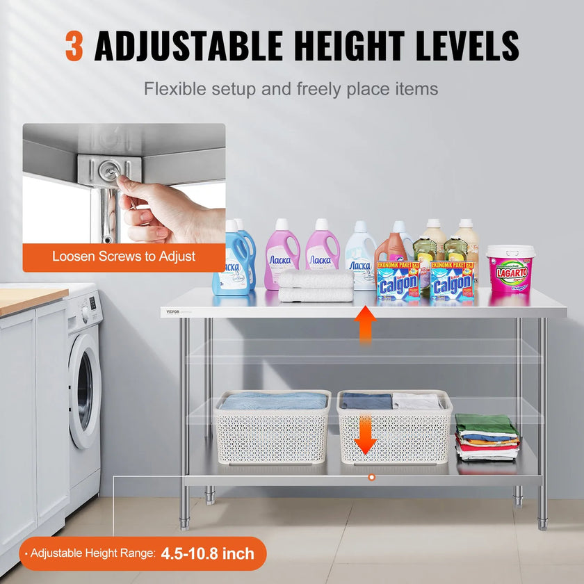 VEVOR Stainless Steel Prep Table, 24 x 60 x 34 Inch, Heavy Duty Metal Worktable with 3 Adjustable Height Levels, Commercial Workstation for Kitchen Garage Restaurant Backyard