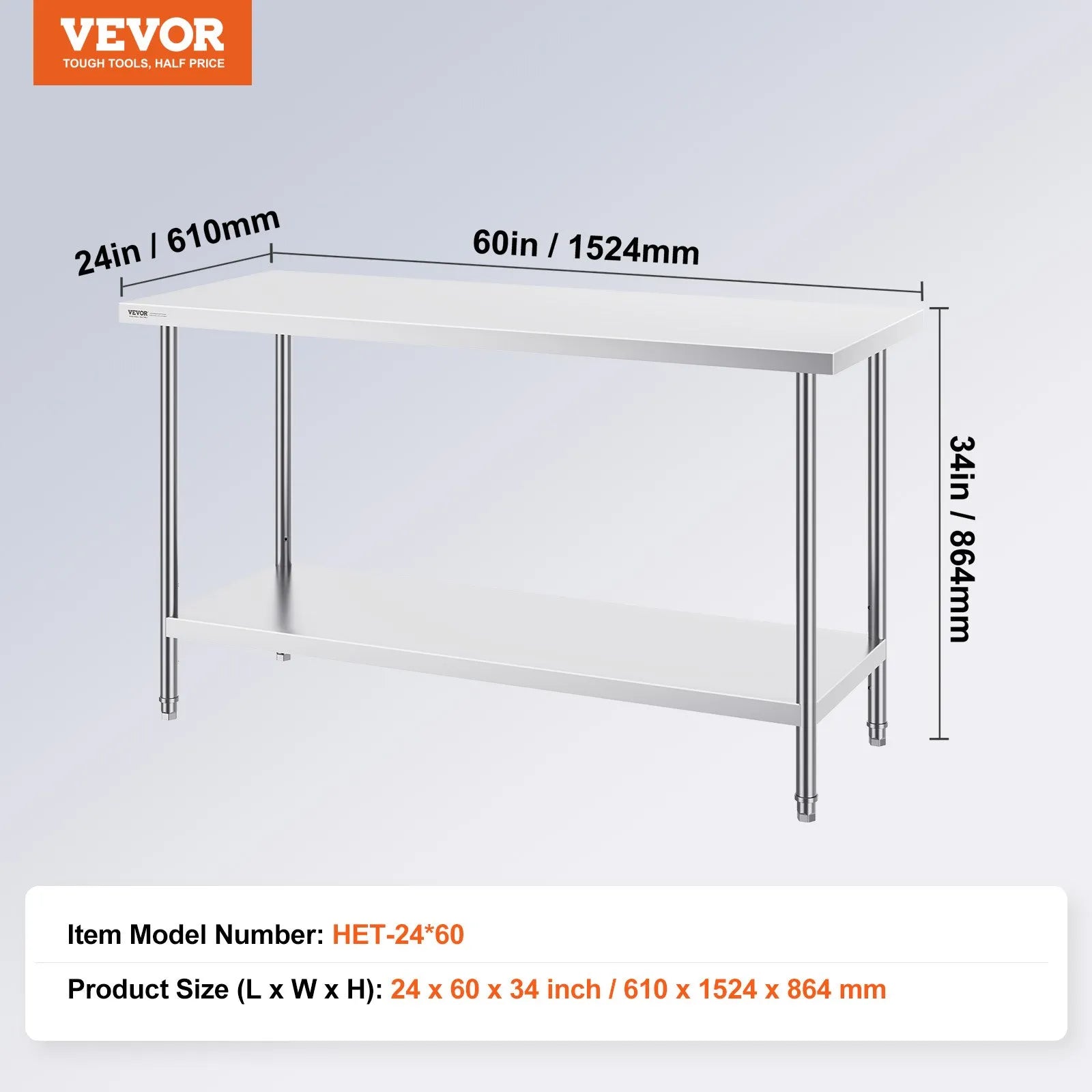 VEVOR Stainless Steel Prep Table, 24 x 60 x 34 Inch, Heavy Duty Metal Worktable with 3 Adjustable Height Levels, Commercial Workstation for Kitchen Garage Restaurant Backyard
