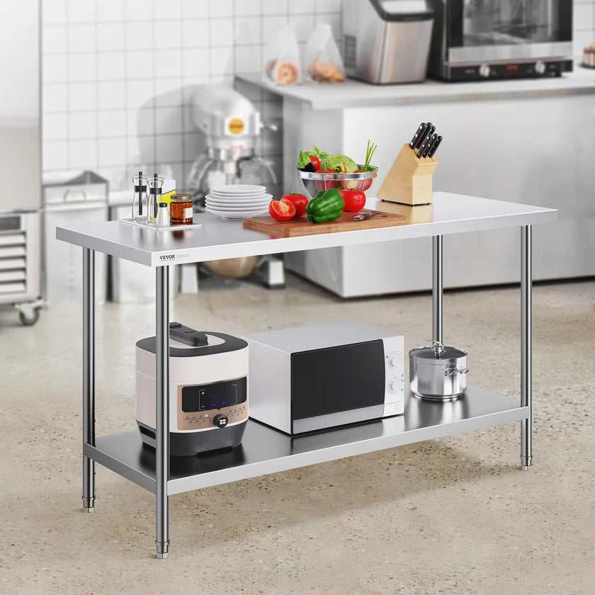 VEVOR Stainless Steel Prep Table, 24 x 60 x 34 Inch, Heavy Duty Metal Worktable with 3 Adjustable Height Levels, Commercial Workstation for Kitchen Garage Restaurant Backyard
