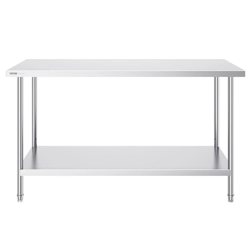 VEVOR Stainless Steel Prep Table, 24 x 60 x 34 Inch, Heavy Duty Metal Worktable with 3 Adjustable Height Levels, Commercial Workstation for Kitchen Garage Restaurant Backyard