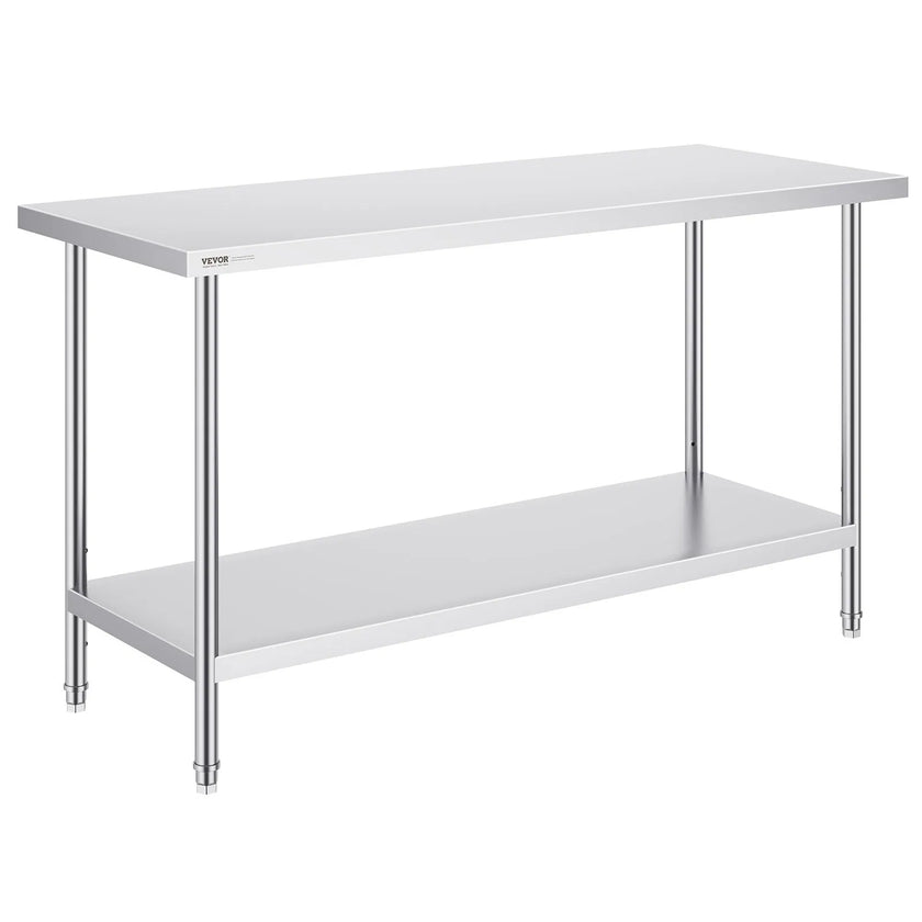 VEVOR Stainless Steel Prep Table, 24 x 60 x 34 Inch, Heavy Duty Metal Worktable with 3 Adjustable Height Levels, Commercial Workstation for Kitchen Garage Restaurant Backyard