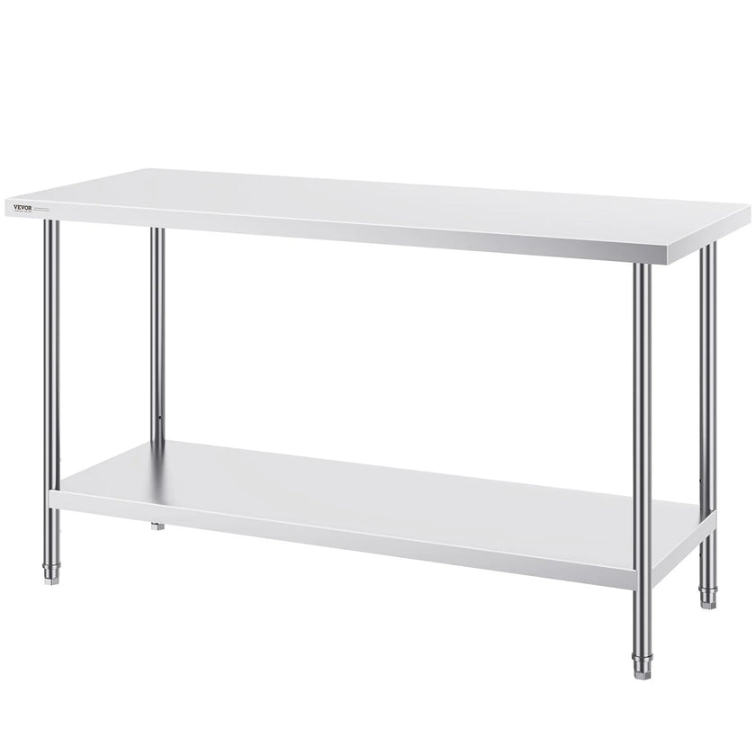 VEVOR Stainless Steel Prep Table, 24 x 60 x 34 Inch, Heavy Duty Metal Worktable with 3 Adjustable Height Levels, Commercial Workstation for Kitchen Garage Restaurant Backyard