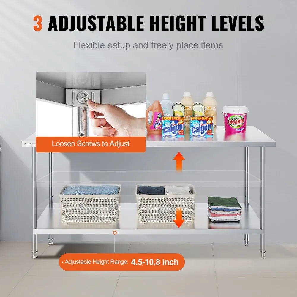 VEVOR Stainless Steel Prep Table, 30 x 72 x 34 Inch, Heavy Duty Metal Worktable with 3 Adjustable Height Levels, Commercial Workstation for Kitchen Garage Restaurant Backyard
