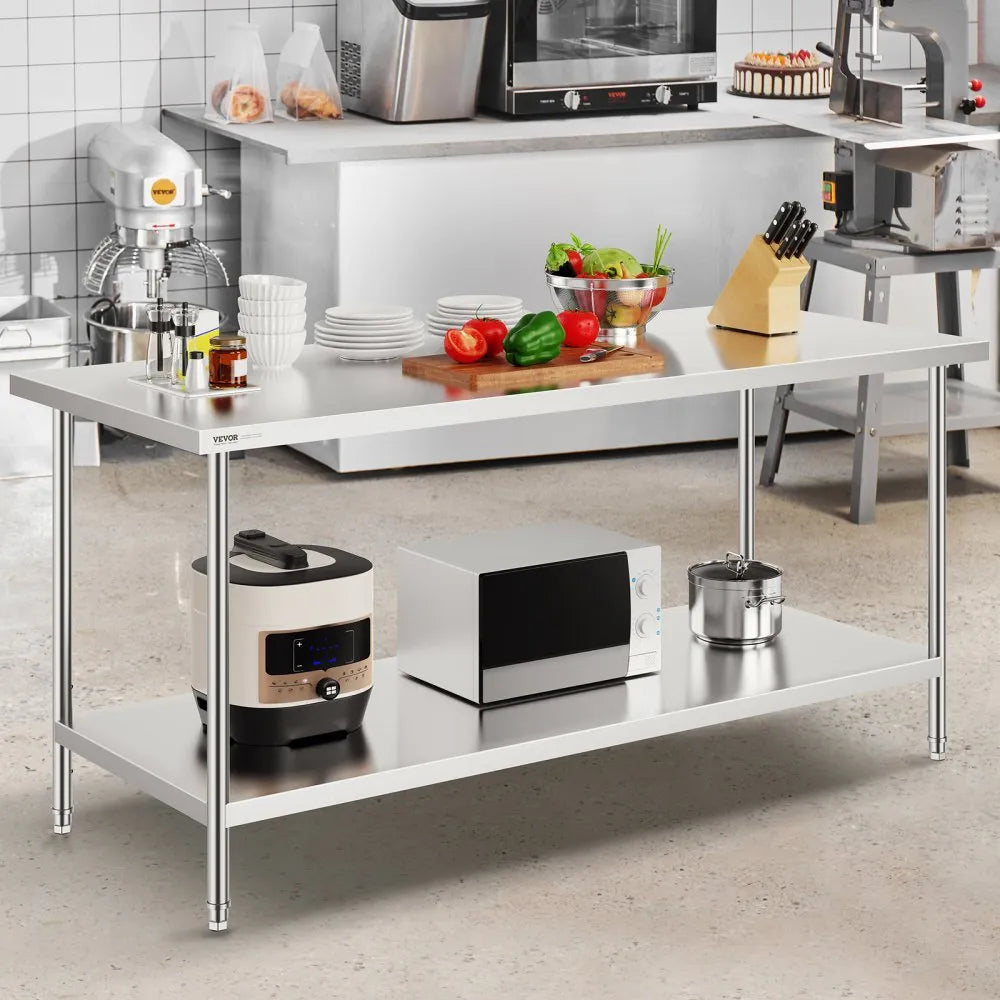 VEVOR Stainless Steel Prep Table, 30 x 72 x 34 Inch, Heavy Duty Metal Worktable with 3 Adjustable Height Levels, Commercial Workstation for Kitchen Garage Restaurant Backyard