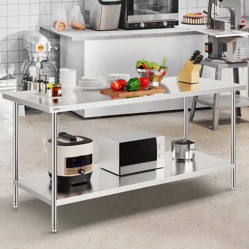 VEVOR Stainless Steel Prep Table, 30 x 72 x 34 Inch, Heavy Duty Metal Worktable with 3 Adjustable Height Levels, Commercial Workstation for Kitchen Garage Restaurant Backyard