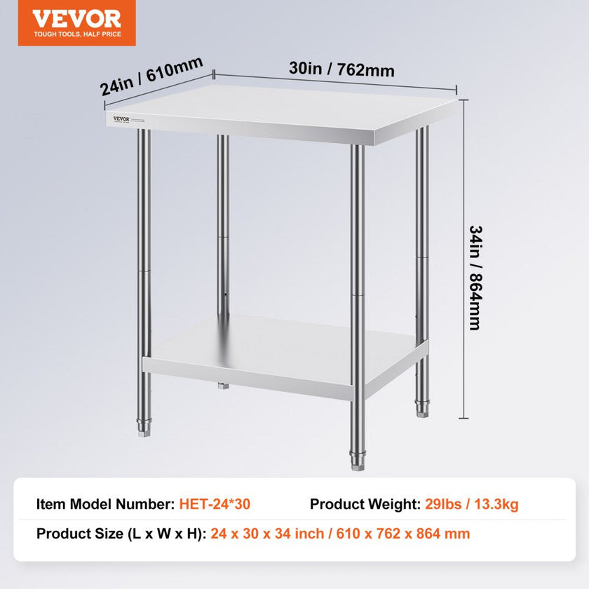 VEVOR Stainless Steel Prep Table, 24 x 30 x 34 Inch, Heavy Duty Metal Worktable with 3 Adjustable Height Levels, Commercial Workstation for Kitchen Garage Restaurant Backyard