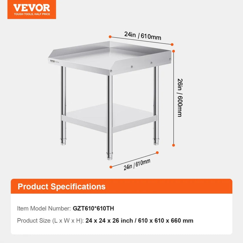 VEVOR Stainless Steel Work Table, 24 x 24 x 26 Inch Commercial Food Prep Worktable, 3-Sided Backsplash Heavy Duty Prep Worktable, Metal Work Table with Adjustable Height for Restaurant Home Hotel