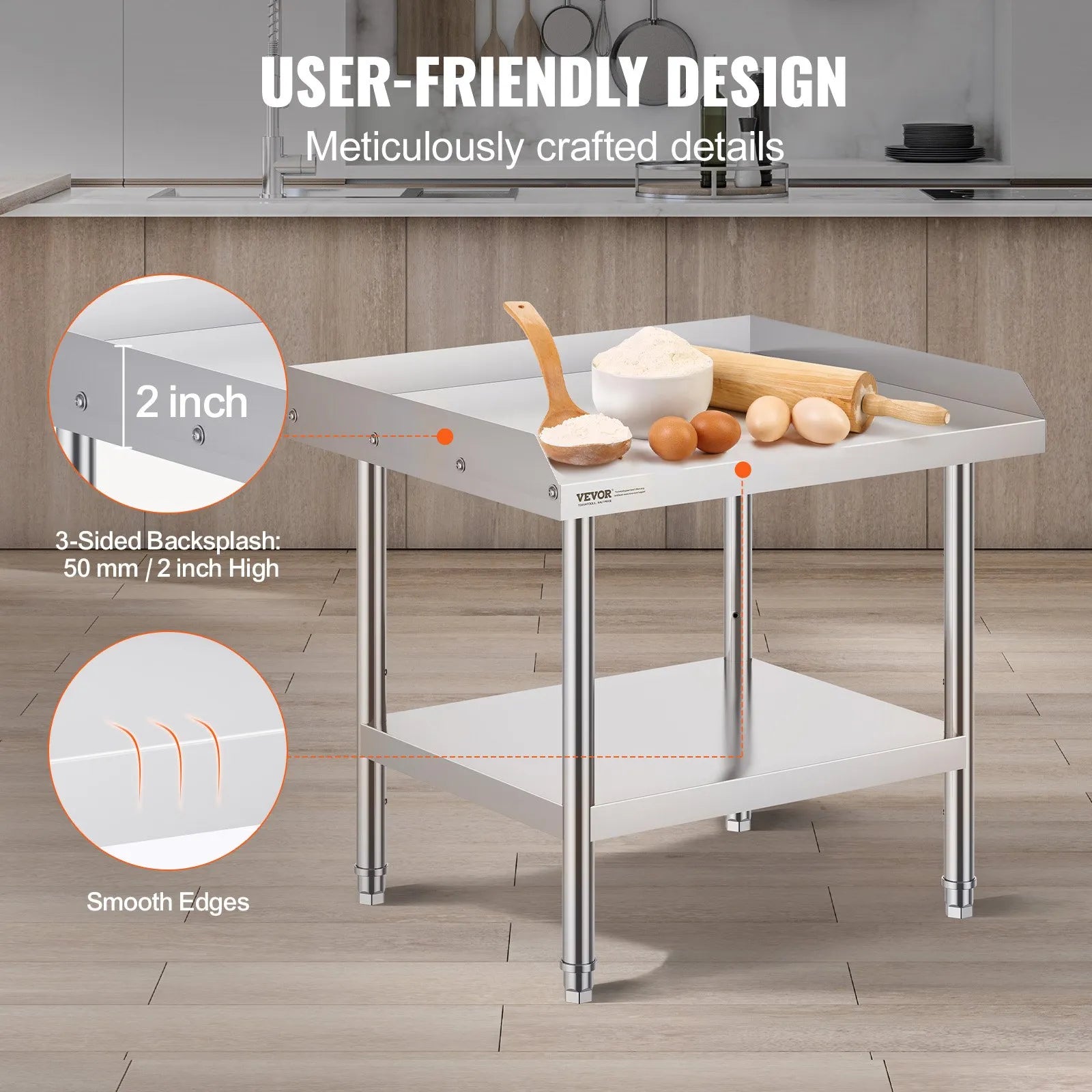 VEVOR Stainless Steel Work Table, 24 x 28 x 26 Inch Commercial Food Prep Worktable, 3-Sided Backsplash Heavy Duty Prep Worktable, Metal Work Table with Adjustable Height for Restaurant Home Hotel