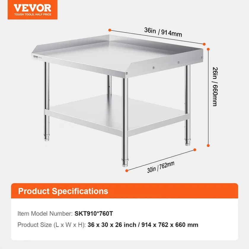 VEVOR Stainless Steel Work Table, 30 x 36 x 26 Inch Commercial Food Prep Worktable, 3-Sided Backsplash Heavy Duty Prep Worktable, Metal Work Table with Adjustable Height for Restaurant Home Hotel