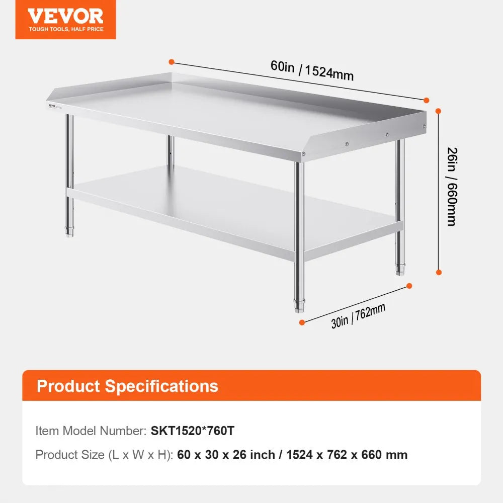 VEVOR Stainless Steel Work Table, 30 x 60 x 26 Inch Commercial Food Prep Worktable, 3-Sided Backsplash Heavy Duty Prep Worktable, Metal Work Table with Adjustable Height for Restaurant Home Hotel