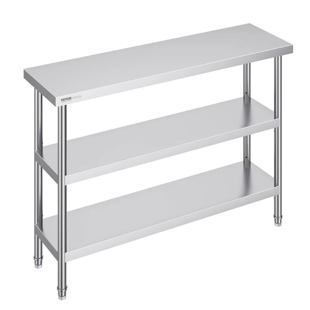 VEVOR Stainless Steel Food Prep Table, 14 x 48 x 34 Inch Commercial Kitchen Worktable, with 2 Adjustable Undershelf, Heavy Duty Prep Table Metal Work Table for BBQ, Kitchen, Home, and Garage