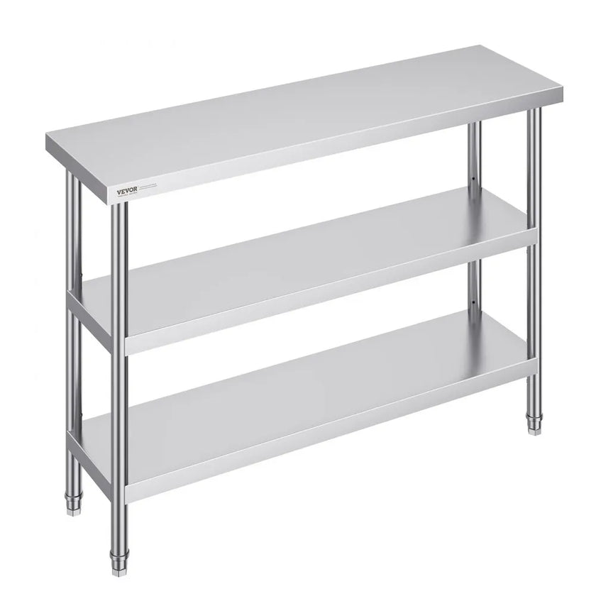 VEVOR Stainless Steel Food Prep Table, 14 x 48 x 34 Inch Commercial Kitchen Worktable, with 2 Adjustable Undershelf, Heavy Duty Prep Table Metal Work Table for BBQ, Kitchen, Home, and Garage
