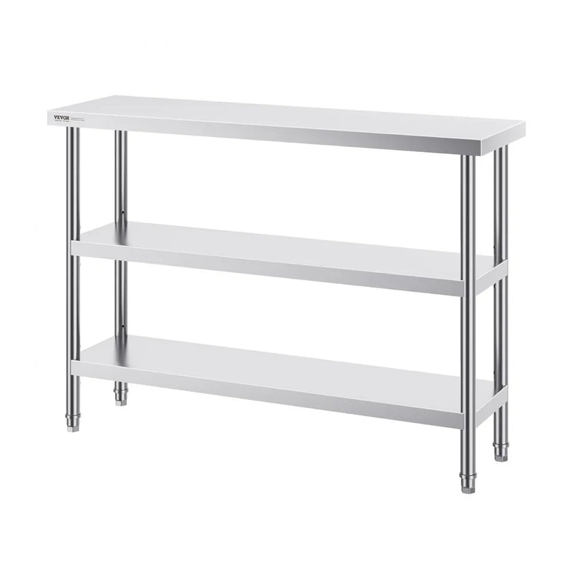 VEVOR Stainless Steel Food Prep Table, 14 x 48 x 34 Inch Commercial Kitchen Worktable, with 2 Adjustable Undershelf, Heavy Duty Prep Table Metal Work Table for BBQ, Kitchen, Home, and Garage