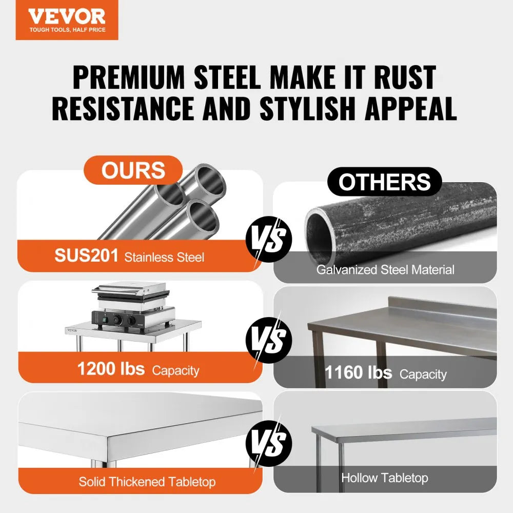 VEVOR Stainless Steel Food Prep Table, 18 x 48 x 34 Inch Commercial Kitchen Worktable, with 2 Adjustable Undershelf, Heavy Duty Prep Table Metal Work Table for BBQ, Kitchen, Home, and Garage