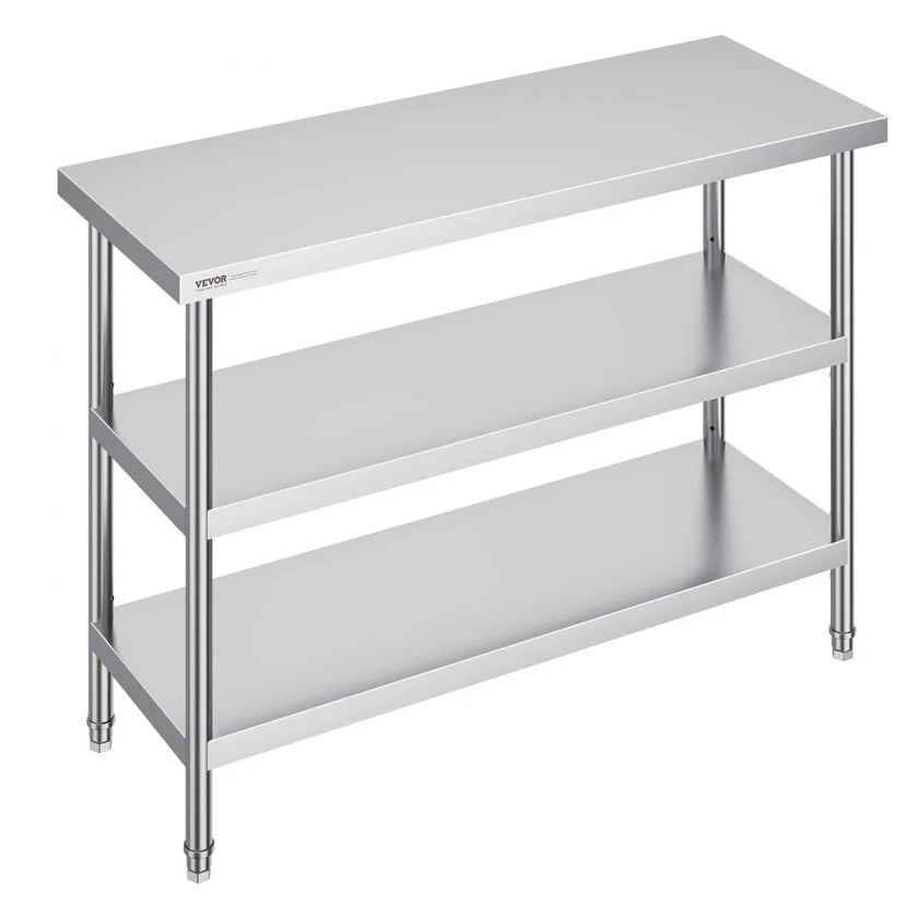 VEVOR Stainless Steel Food Prep Table, 18 x 48 x 34 Inch Commercial Kitchen Worktable, with 2 Adjustable Undershelf, Heavy Duty Prep Table Metal Work Table for BBQ, Kitchen, Home, and Garage