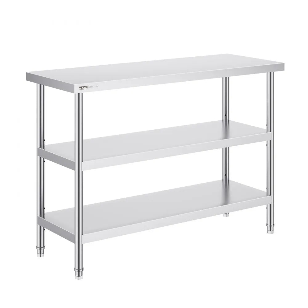 VEVOR Stainless Steel Food Prep Table, 18 x 48 x 34 Inch Commercial Kitchen Worktable, with 2 Adjustable Undershelf, Heavy Duty Prep Table Metal Work Table for BBQ, Kitchen, Home, and Garage