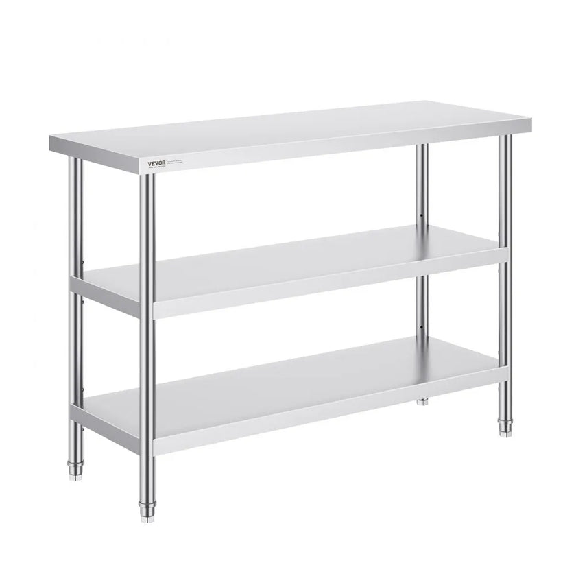 VEVOR Stainless Steel Food Prep Table, 18 x 48 x 34 Inch Commercial Kitchen Worktable, with 2 Adjustable Undershelf, Heavy Duty Prep Table Metal Work Table for BBQ, Kitchen, Home, and Garage