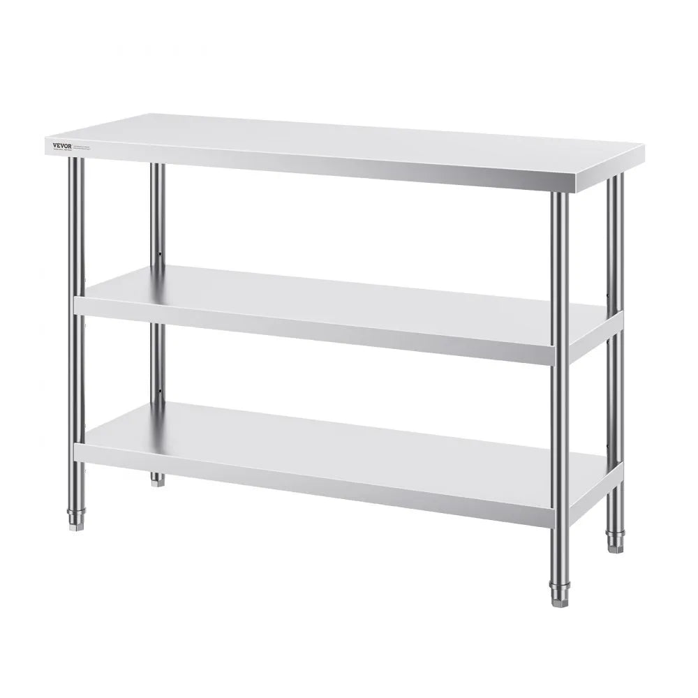 VEVOR Stainless Steel Food Prep Table, 18 x 48 x 34 Inch Commercial Kitchen Worktable, with 2 Adjustable Undershelf, Heavy Duty Prep Table Metal Work Table for BBQ, Kitchen, Home, and Garage