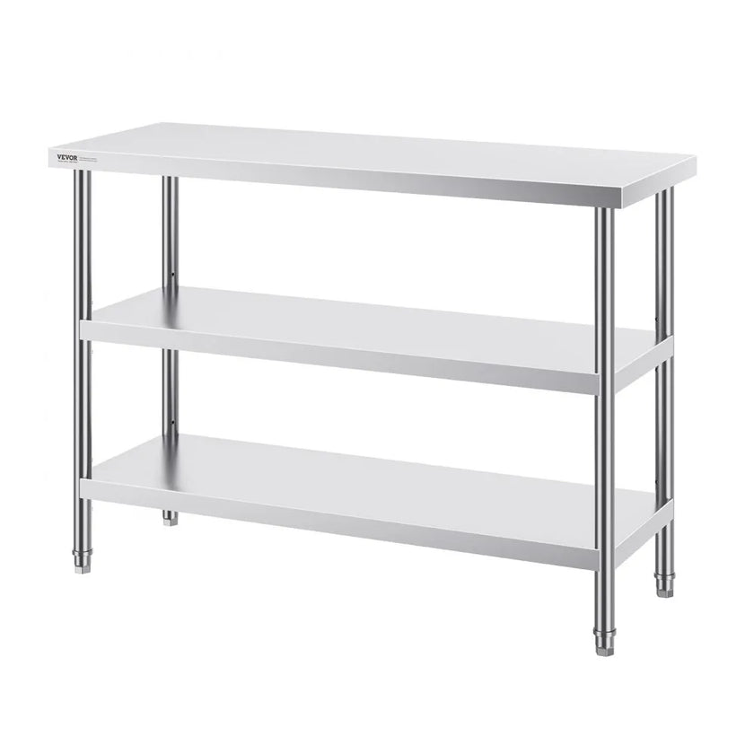 VEVOR Stainless Steel Food Prep Table, 18 x 48 x 34 Inch Commercial Kitchen Worktable, with 2 Adjustable Undershelf, Heavy Duty Prep Table Metal Work Table for BBQ, Kitchen, Home, and Garage