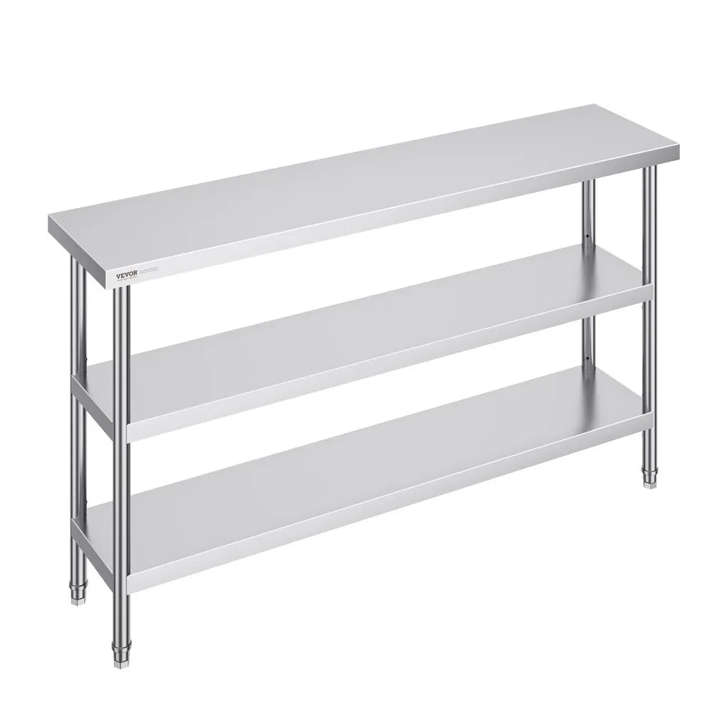 VEVOR Stainless Steel Food Prep Table, 14 x 60 x 34 Inch Commercial Kitchen Worktable, with 2 Adjustable Undershelf, Heavy Duty Prep Table Metal Work Table for BBQ, Kitchen, Home, and Garage