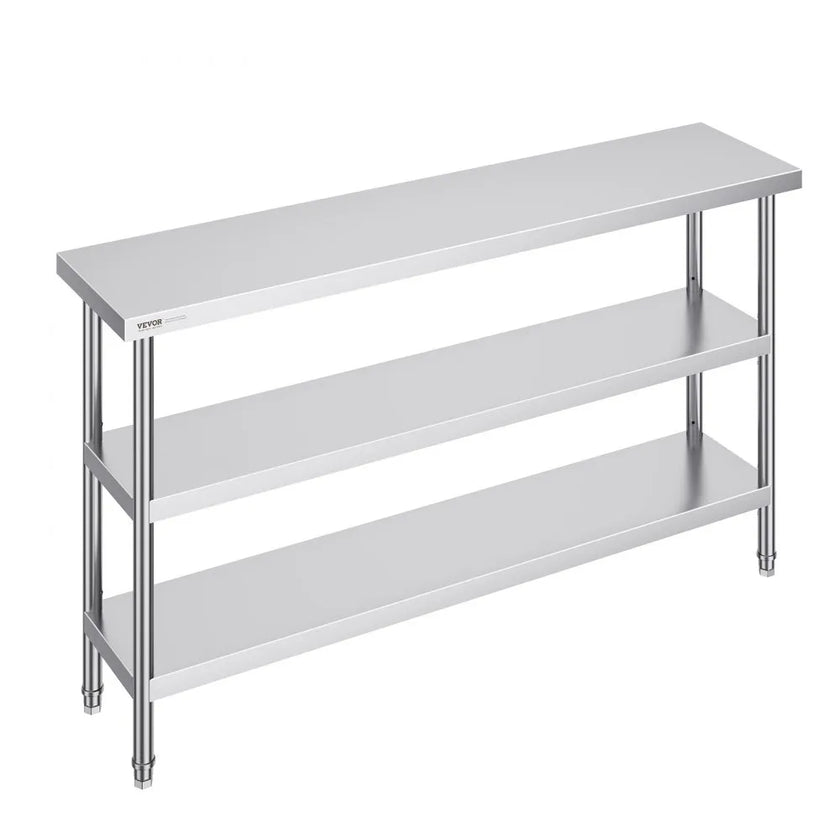 VEVOR Stainless Steel Food Prep Table, 14 x 60 x 34 Inch Commercial Kitchen Worktable, with 2 Adjustable Undershelf, Heavy Duty Prep Table Metal Work Table for BBQ, Kitchen, Home, and Garage