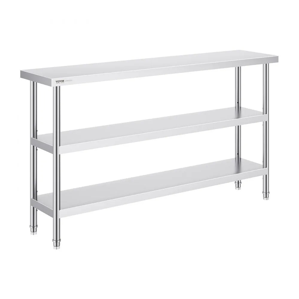 VEVOR Stainless Steel Food Prep Table, 14 x 60 x 34 Inch Commercial Kitchen Worktable, with 2 Adjustable Undershelf, Heavy Duty Prep Table Metal Work Table for BBQ, Kitchen, Home, and Garage