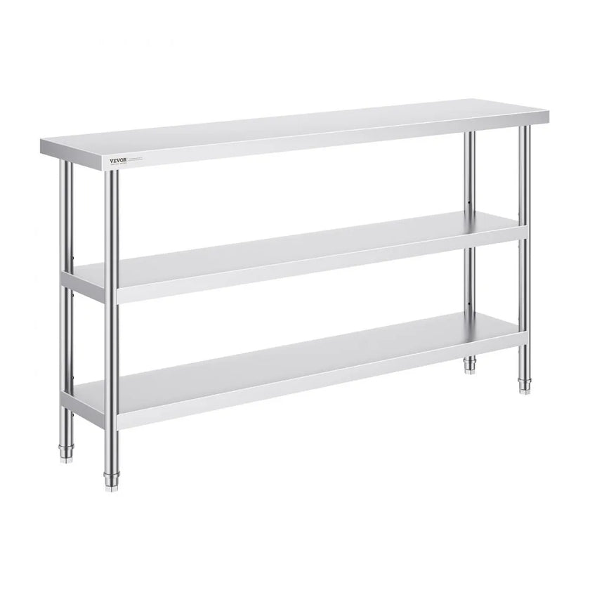 VEVOR Stainless Steel Food Prep Table, 14 x 60 x 34 Inch Commercial Kitchen Worktable, with 2 Adjustable Undershelf, Heavy Duty Prep Table Metal Work Table for BBQ, Kitchen, Home, and Garage