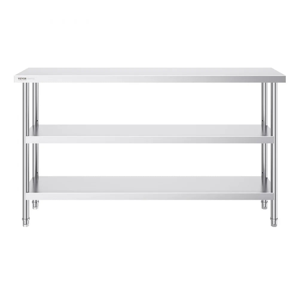 VEVOR Stainless Steel Food Prep Table, 14 x 60 x 34 Inch Commercial Kitchen Worktable, with 2 Adjustable Undershelf, Heavy Duty Prep Table Metal Work Table for BBQ, Kitchen, Home, and Garage