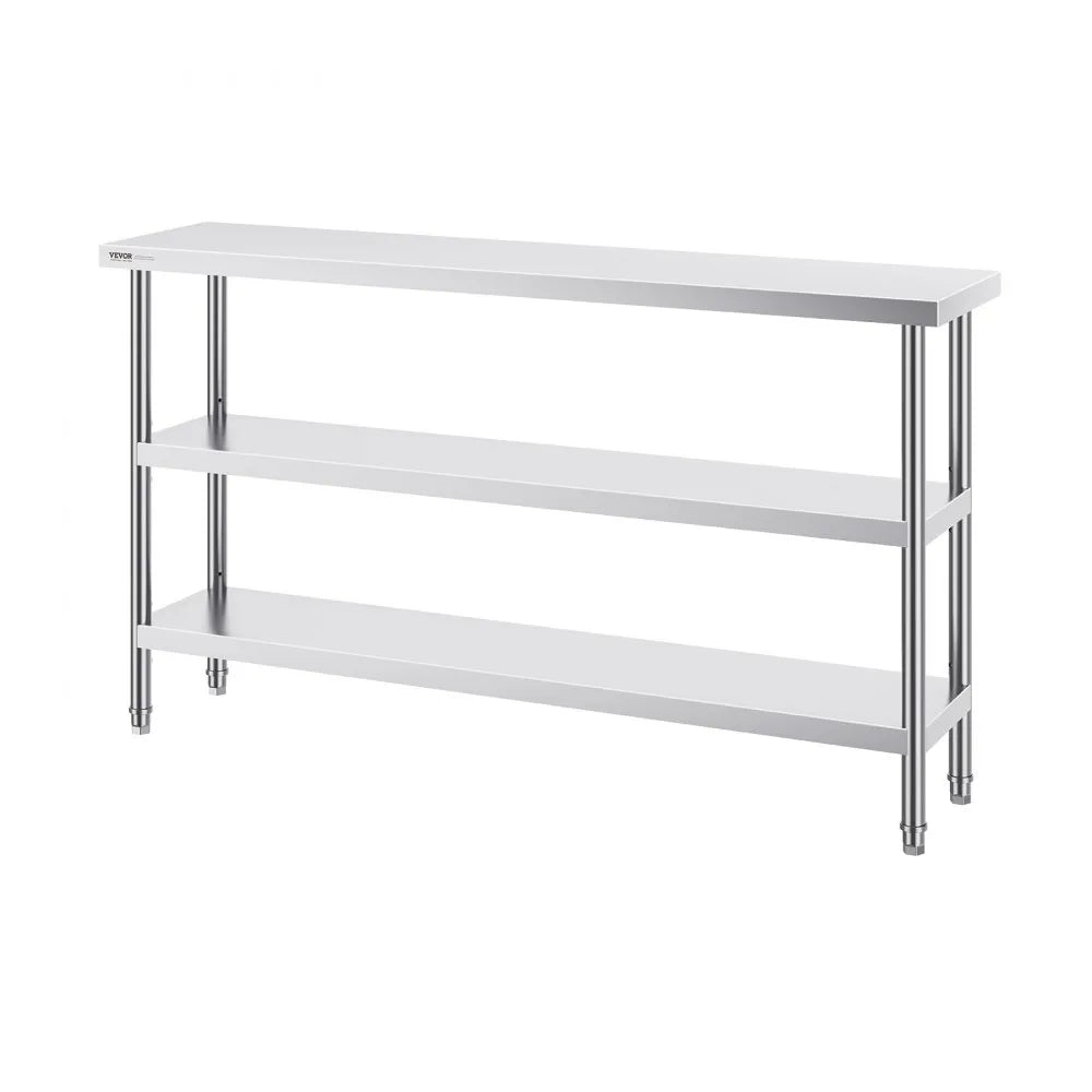 VEVOR Stainless Steel Food Prep Table, 14 x 60 x 34 Inch Commercial Kitchen Worktable, with 2 Adjustable Undershelf, Heavy Duty Prep Table Metal Work Table for BBQ, Kitchen, Home, and Garage