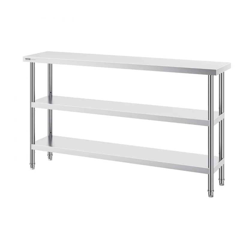 VEVOR Stainless Steel Food Prep Table, 14 x 60 x 34 Inch Commercial Kitchen Worktable, with 2 Adjustable Undershelf, Heavy Duty Prep Table Metal Work Table for BBQ, Kitchen, Home, and Garage
