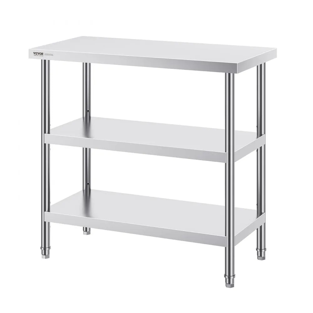 VEVOR Stainless Steel Food Prep Table, 18 x 36 x 34 Inch Commercial Kitchen Worktable, with 2 Adjustable Undershelf, Heavy Duty Prep Table Metal Work Table for BBQ, Kitchen, Home, and Garage