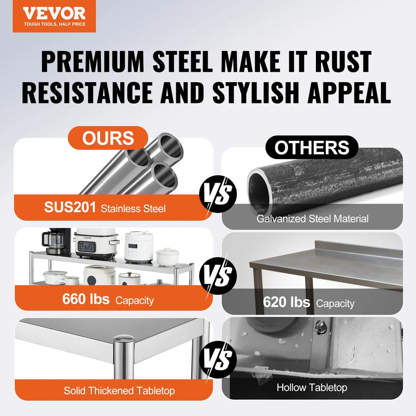 VEVOR Double Overshelf, Double Tier Stainless Steel Overshelf, 12 x 60 Inch Double Deck Overshelf, Height Adjustable Overshelf Prep Work Table for Kitchen, Restaurant and Workshop
