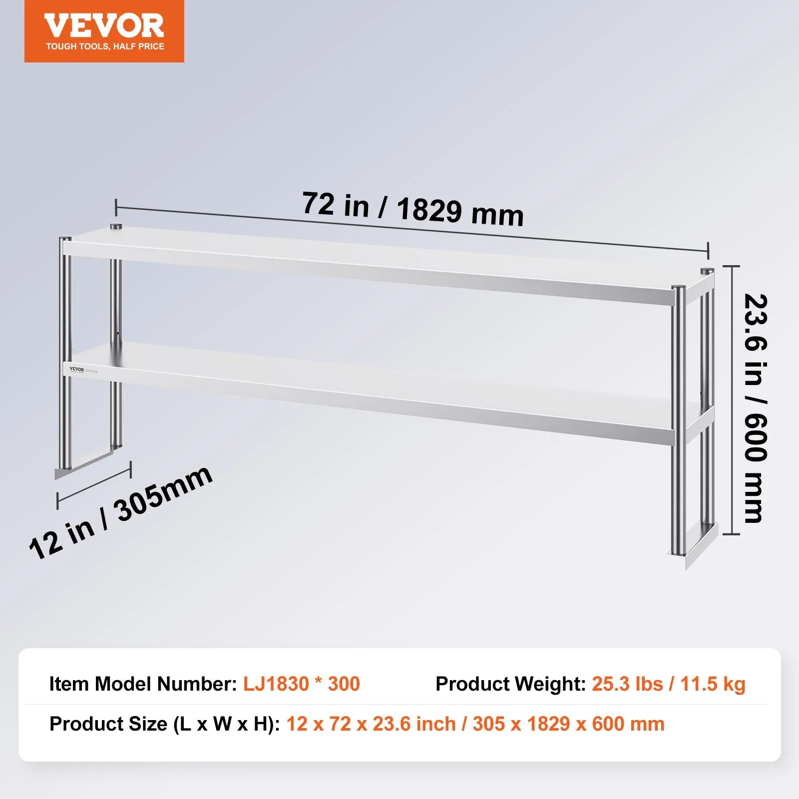 VEVOR Double Overshelf Stainless Steel Overshelf 2-Tier 12