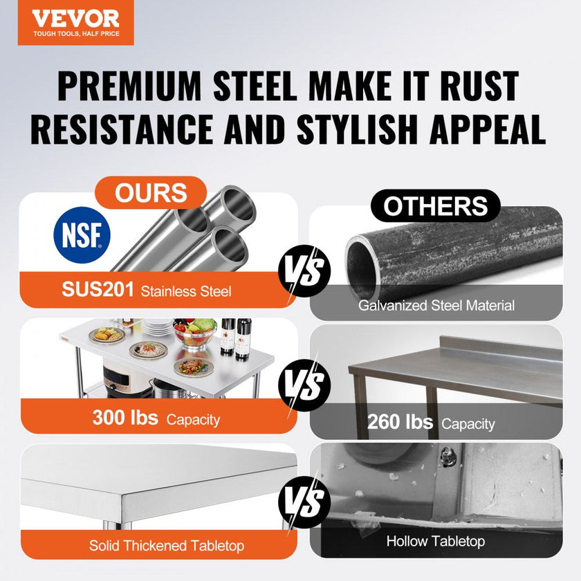 VEVOR 48 x 24 Inch Commercial Worktable Workstation, Folding Commercial Prep Table, Heavy-duty Stainless Steel Folding Table with 772 lbs Load, Kitchen Work Table, Silver Stainless Steel Kitchen Islan