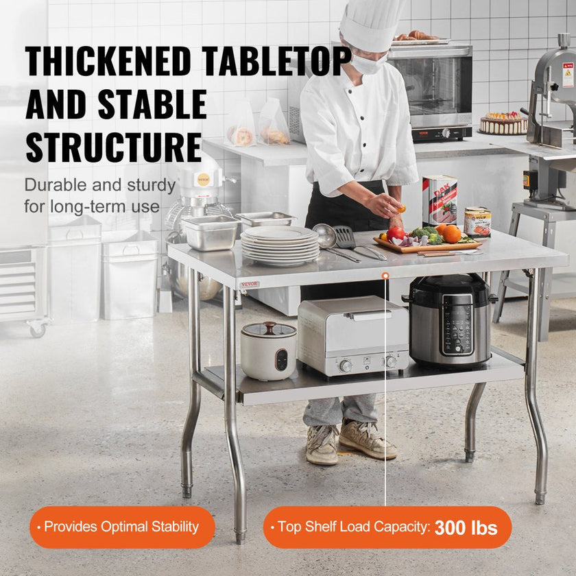 VEVOR 48 x 24 Inch Commercial Worktable Workstation, Folding Commercial Prep Table, Heavy-duty Stainless Steel Folding Table with 772 lbs Load, Kitchen Work Table, Silver Stainless Steel Kitchen Islan