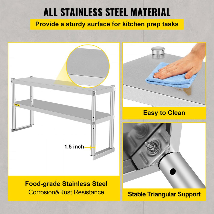 VEVOR Double Overshelf, Double Tier Stainless Steel Overshelf, 48 in. Length x 12 in. Width Double Deck Overshelf, Height Adjustable Overshelf for Prep & Work Table in Kitchen, Restaurant and Workshop