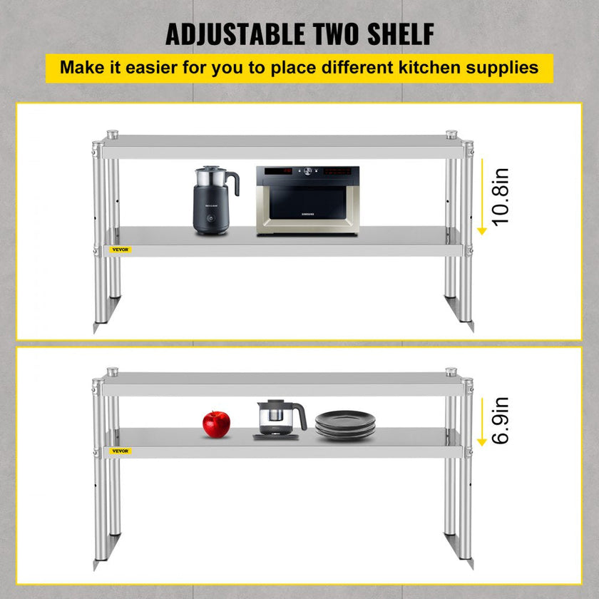 VEVOR Double Overshelf, Double Tier Stainless Steel Overshelf, 48 in. Length x 12 in. Width Double Deck Overshelf, Height Adjustable Overshelf for Prep & Work Table in Kitchen, Restaurant and Workshop