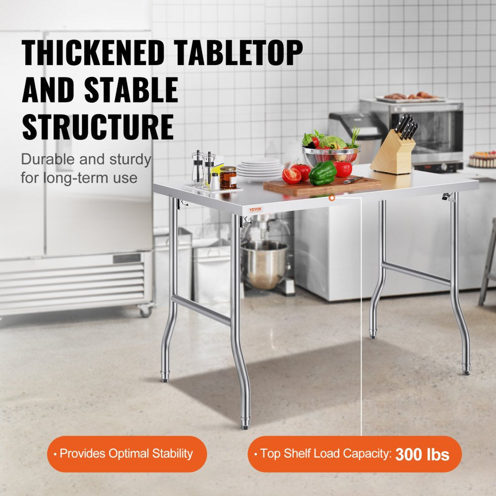 VEVOR 48 x 30 Inch Folding Commercial Prep Table Commercial Worktable Workstation, Heavy-duty Stainless Steel Folding Table with 220 lbs Load, Silver Stainless Steel Kitchen Island?Kitchen Work Table