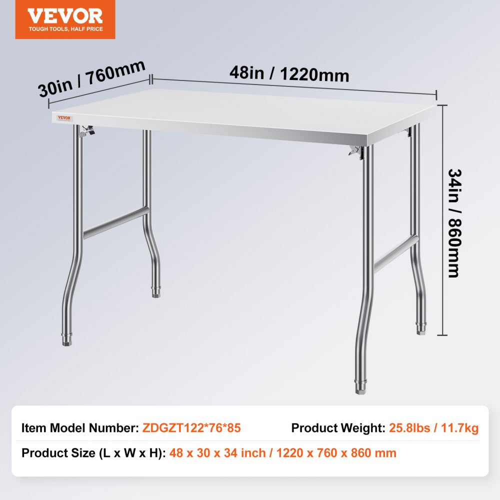 VEVOR 48 x 30 Inch Folding Commercial Prep Table Commercial Worktable Workstation, Heavy-duty Stainless Steel Folding Table with 220 lbs Load, Silver Stainless Steel Kitchen Island?Kitchen Work Table