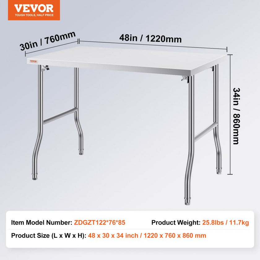VEVOR 48 x 30 Inch Folding Commercial Prep Table Commercial Worktable Workstation, Heavy-duty Stainless Steel Folding Table with 220 lbs Load, Silver Stainless Steel Kitchen Island?Kitchen Work Table