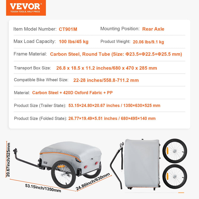 VEVOR Bike Cargo Trailer, 100 lbs Load Capacity, Heavy-Duty Bicycle Wagon Cart, Foldable Compact Storage with Universal Hitch, Waterproof Cover, 16