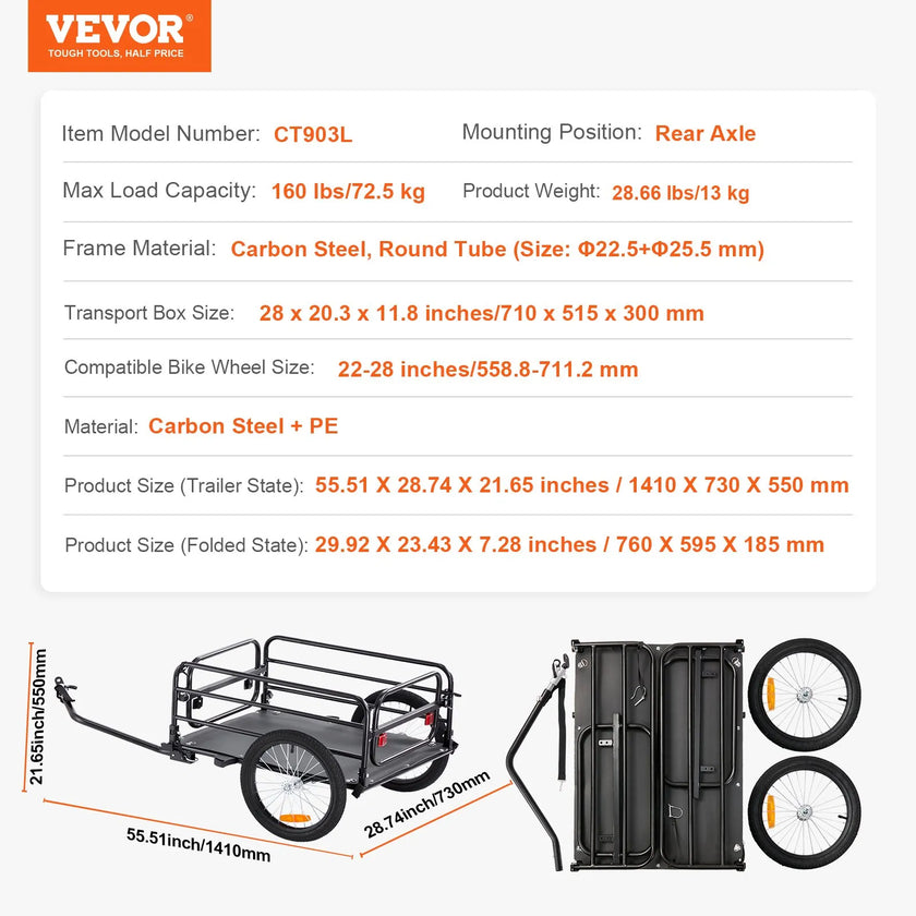 VEVOR Bike Cargo Trailer, 160 lbs Load Capacity, Heavy-Duty Bicycle Wagon Cart, Foldable Compact Storage & Quick Release with Universal Hitch, 16