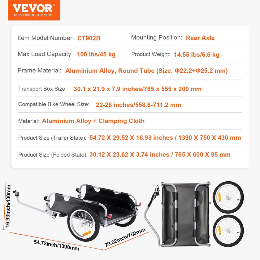 VEVOR Bike Cargo Trailer, 100 lbs Load Capacity, Heavy-Duty Bicycle Wagon Cart, Foldable Compact Storage & Quick Release with Universal Hitch, 16