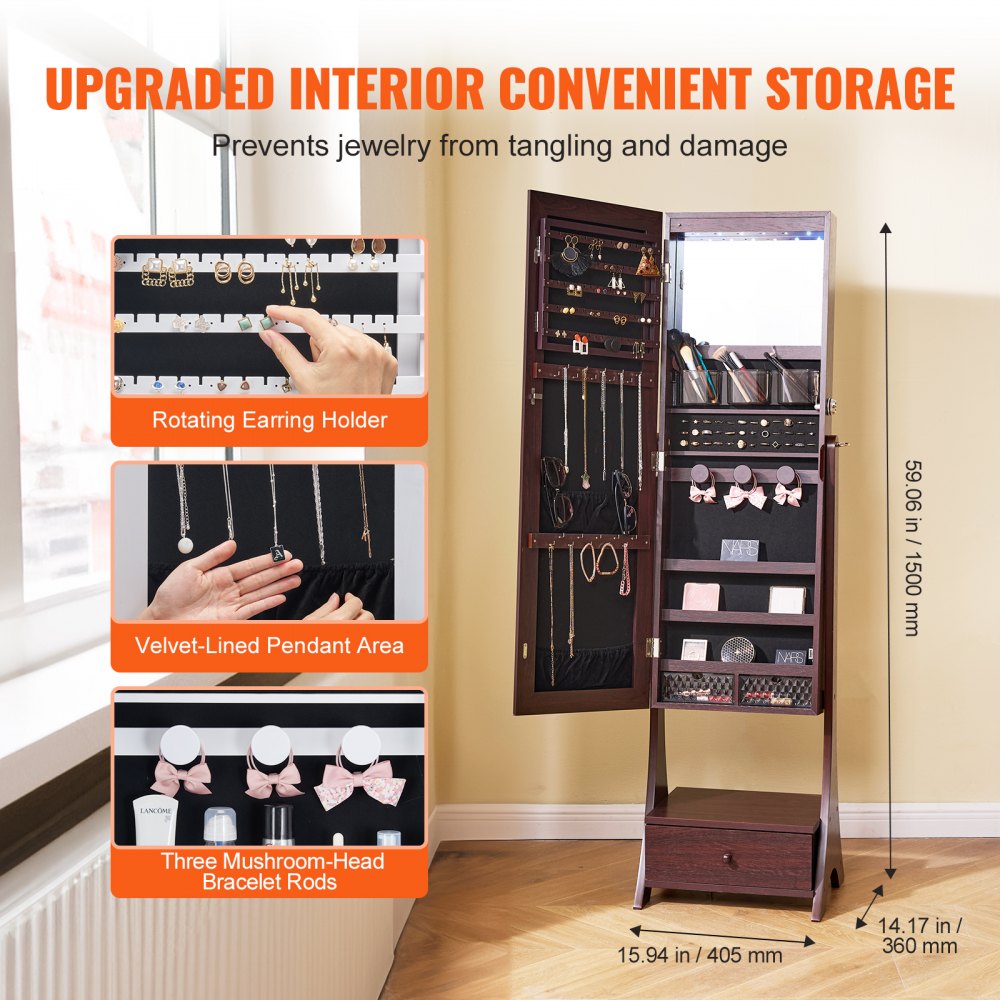 VEVOR Mirror Jewelry Cabinet Standing Mirror with Storage Full Length Brown