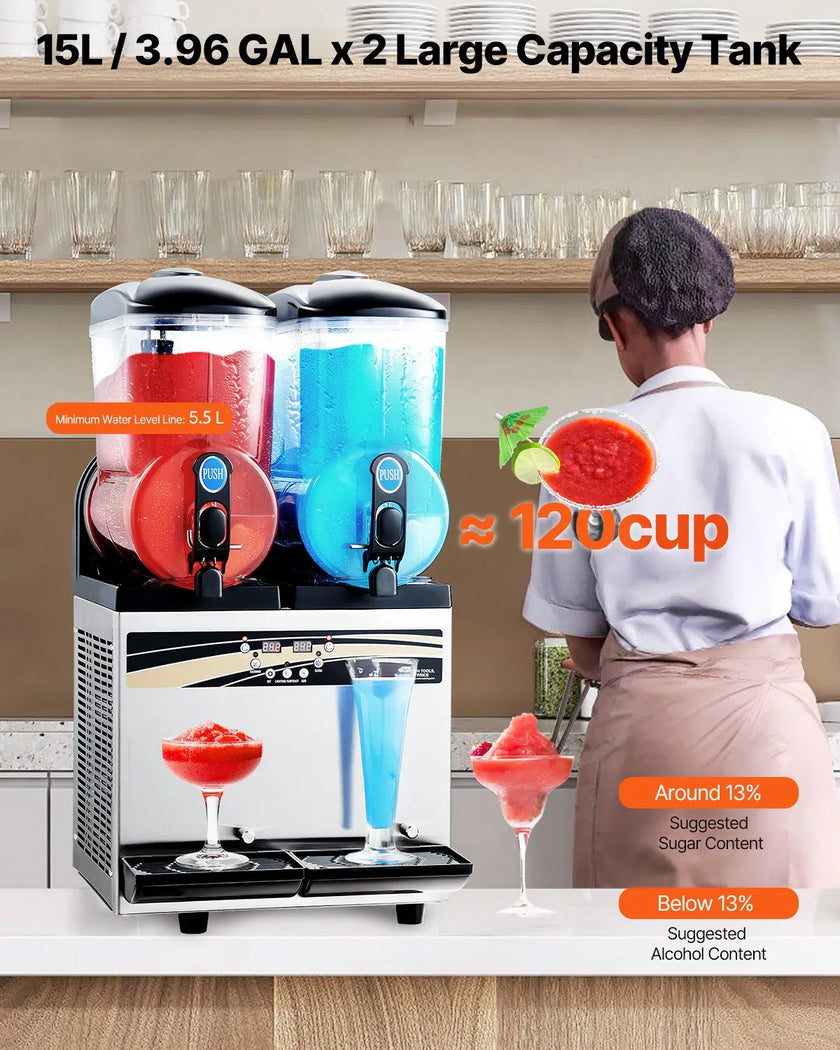 VEVOR Commercial Slushy Machine 15Lx2 Tank Margarita Smoothie Frozen Drink Maker