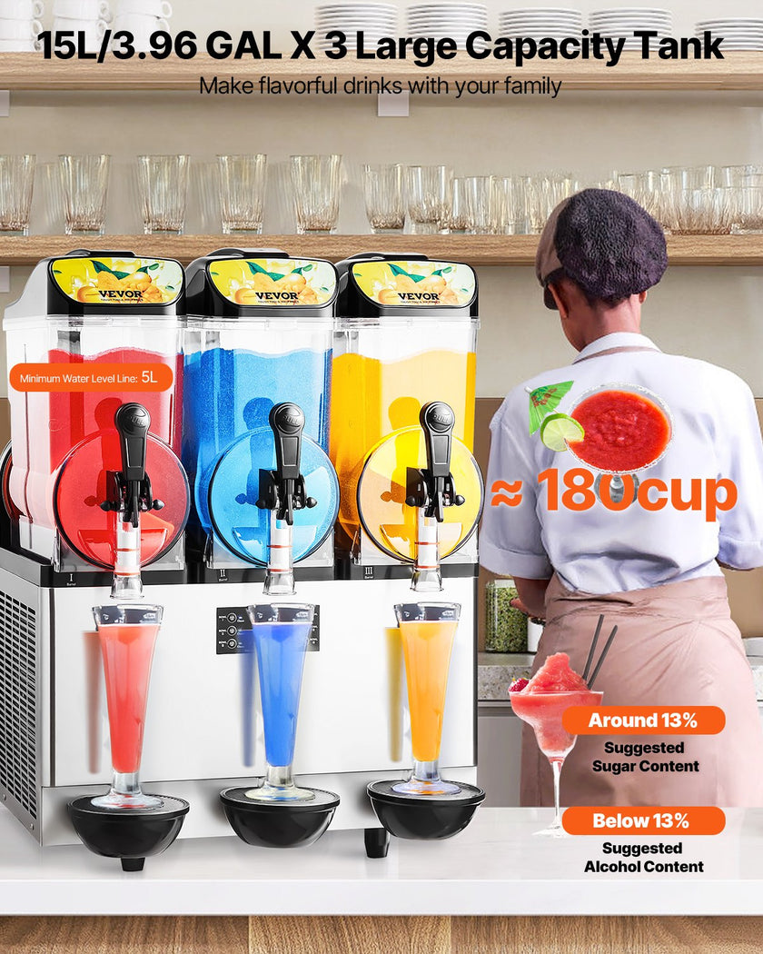 VEVOR Commercial Slushy Machine 15Lx3 Tank Margarita Smoothie Frozen Drink Maker