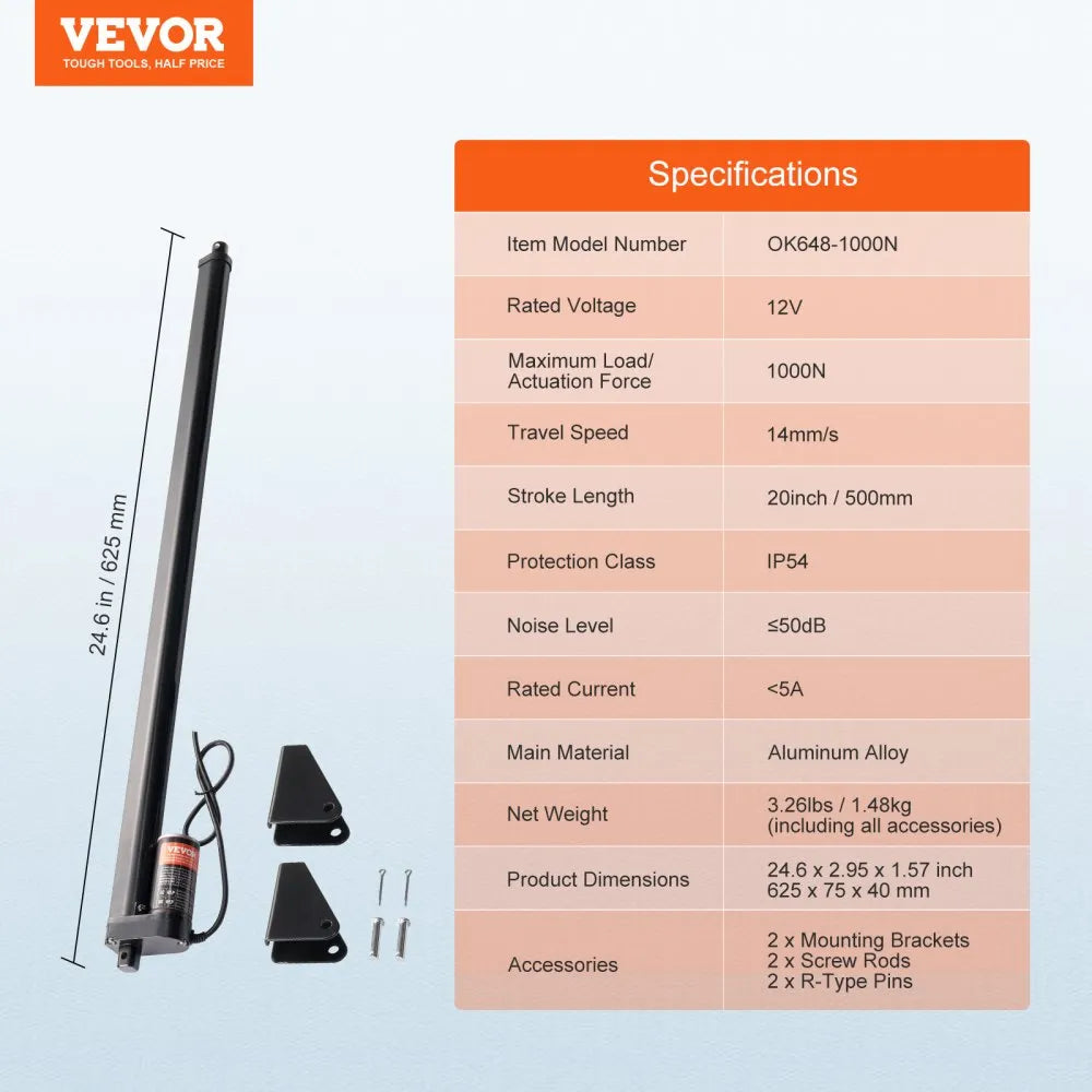 VEVOR Linear Actuator 12V, 20 Inch High Speed 0.55